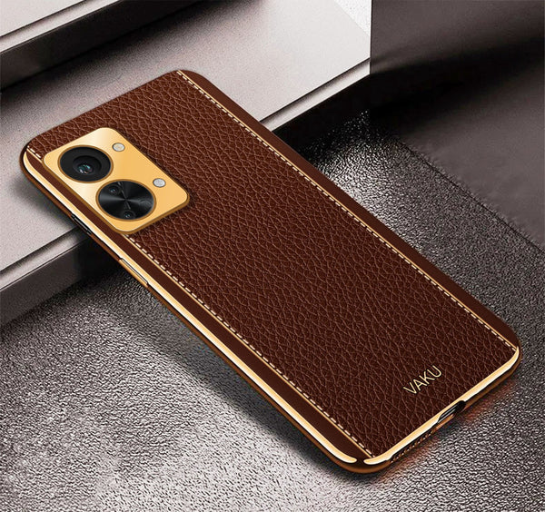 Vaku® OnePlus Nord 2T 5G Luxemberg Series Leather Stitched Gold Electroplated Soft TPU Back Cover