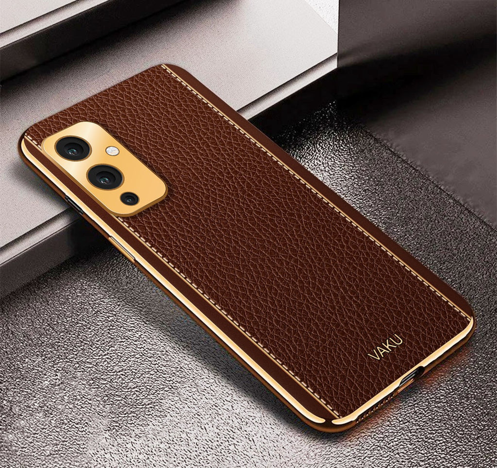 Vaku® OnePlus 9 Luxemberg Series Leather Stitched Gold Electroplated Soft TPU Back Cover