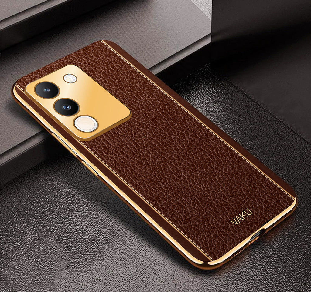 Vaku® Vivo Y200 5G Luxemberg Leather Pattern Gold Electroplated Soft TPU Back Cover