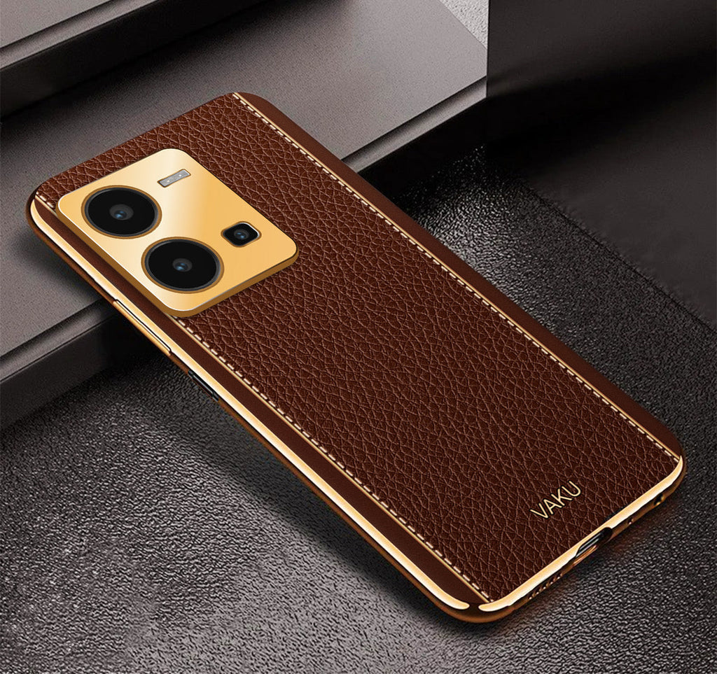Vaku® Vivo Y35 4G Luxemberg Leather Pattern Gold Electroplated Soft TPU Back Cover