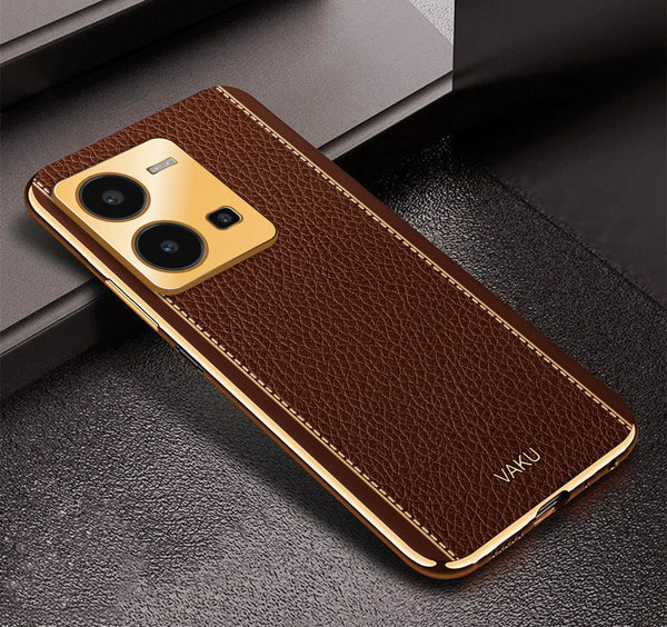 Vaku® Vivo Y35 4G Luxemberg Leather Pattern Gold Electroplated Soft TPU Back Cover
