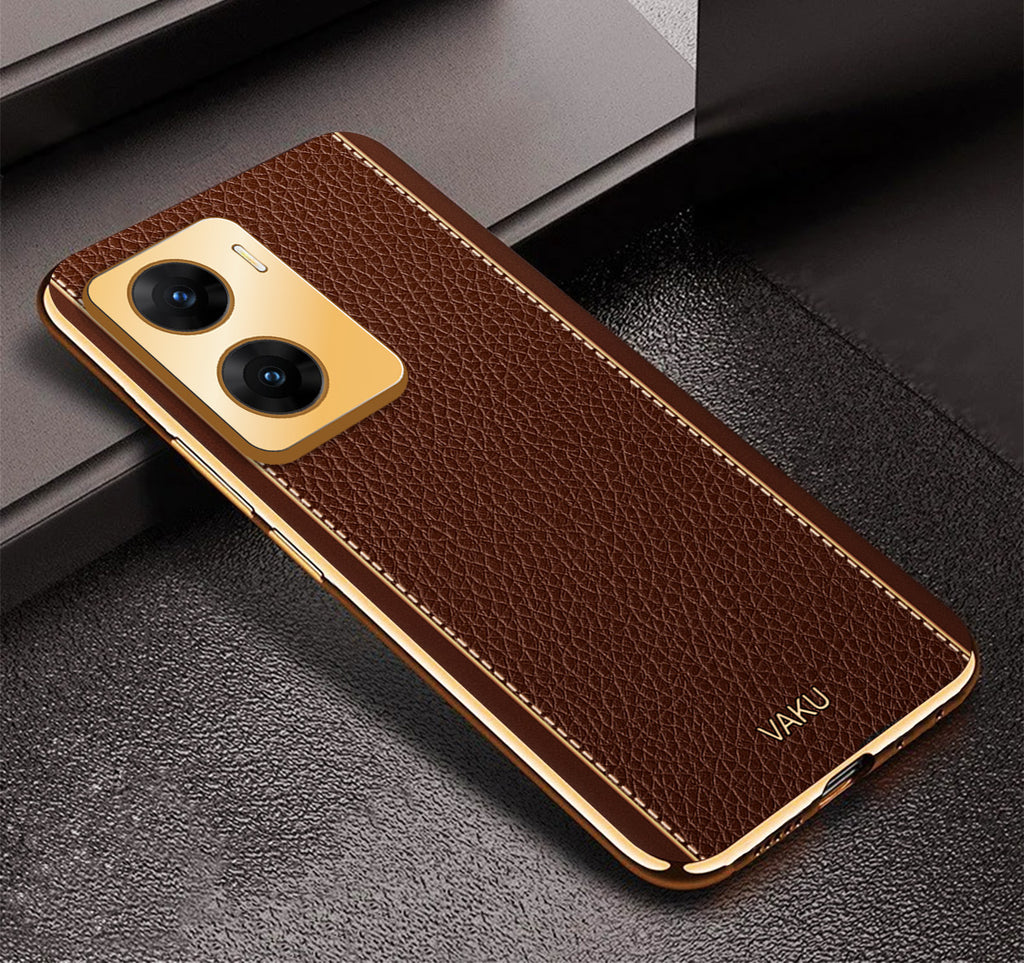 Vaku ® Vivo V29e 5G Luxemberg Leather Pattern Gold Electroplated Soft TPU Back Cover