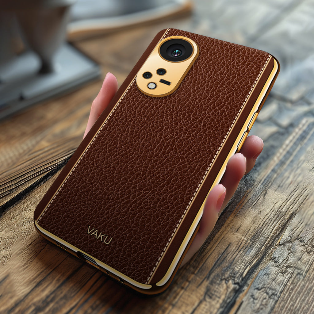 Vaku ® Oppo Reno8T 5G Luxemberg Series Leather Stitched Gold Electroplated Soft TPU Back Cover