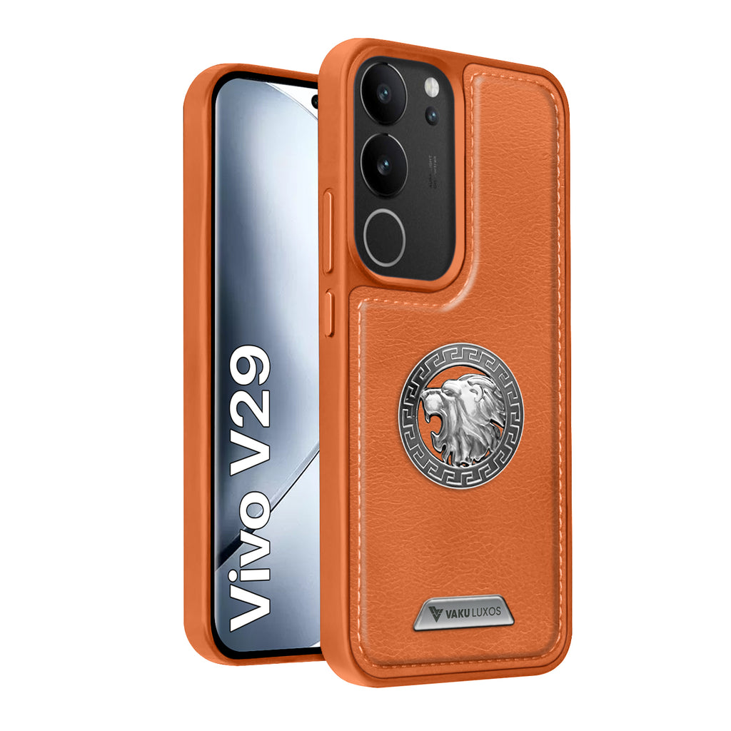 Vaku ® Vivo V29 5G Regal Shield Metal Lion Engraved Leather Back Cover