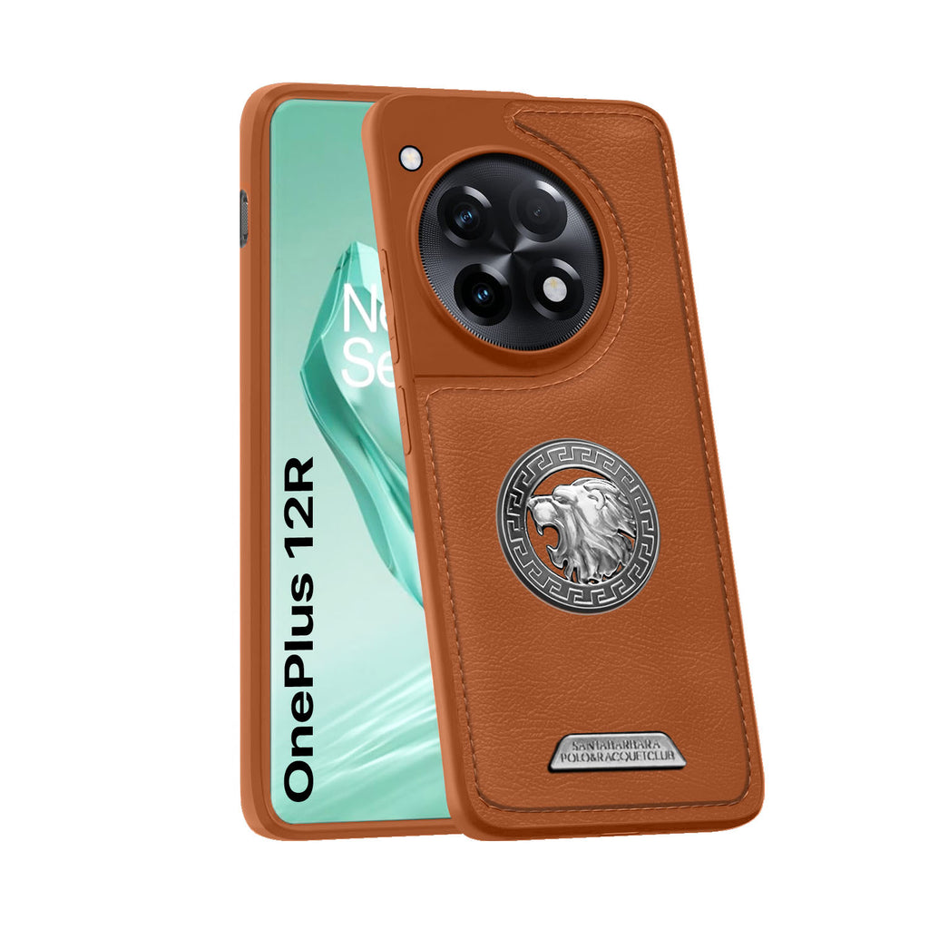 Vaku ® OnePlus 12R Regal Shield Metal Lion Engraved Leather Back Cover
