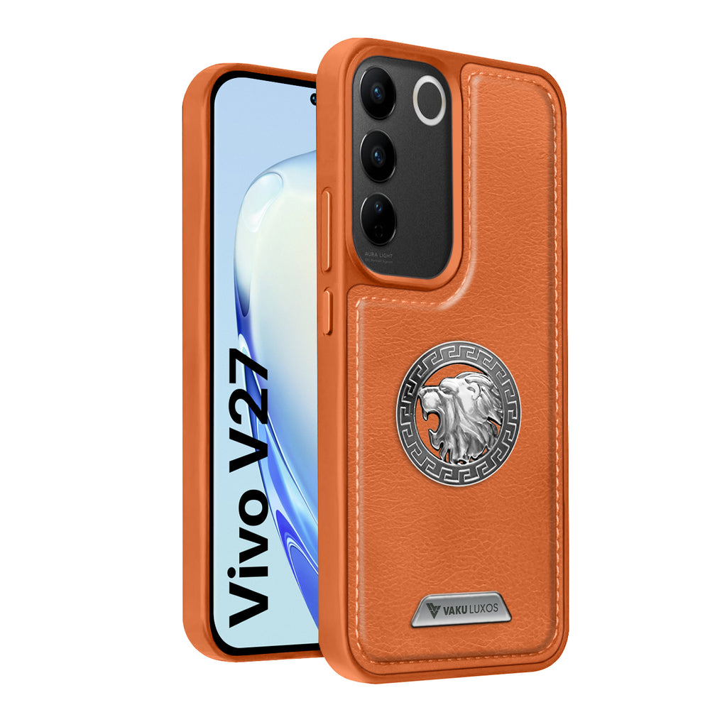 Vaku ® Vivo V27 5G Regal Shield Metal Lion Engraved Leather Back Cover