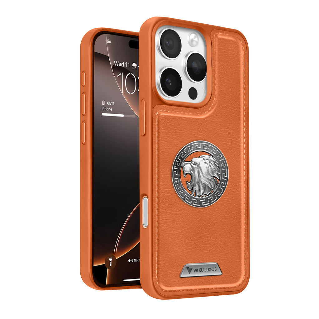 Vaku ® Apple iPhone 16 Pro Max Regal Shield Metal Lion Engraved Leather Protective Back Cover