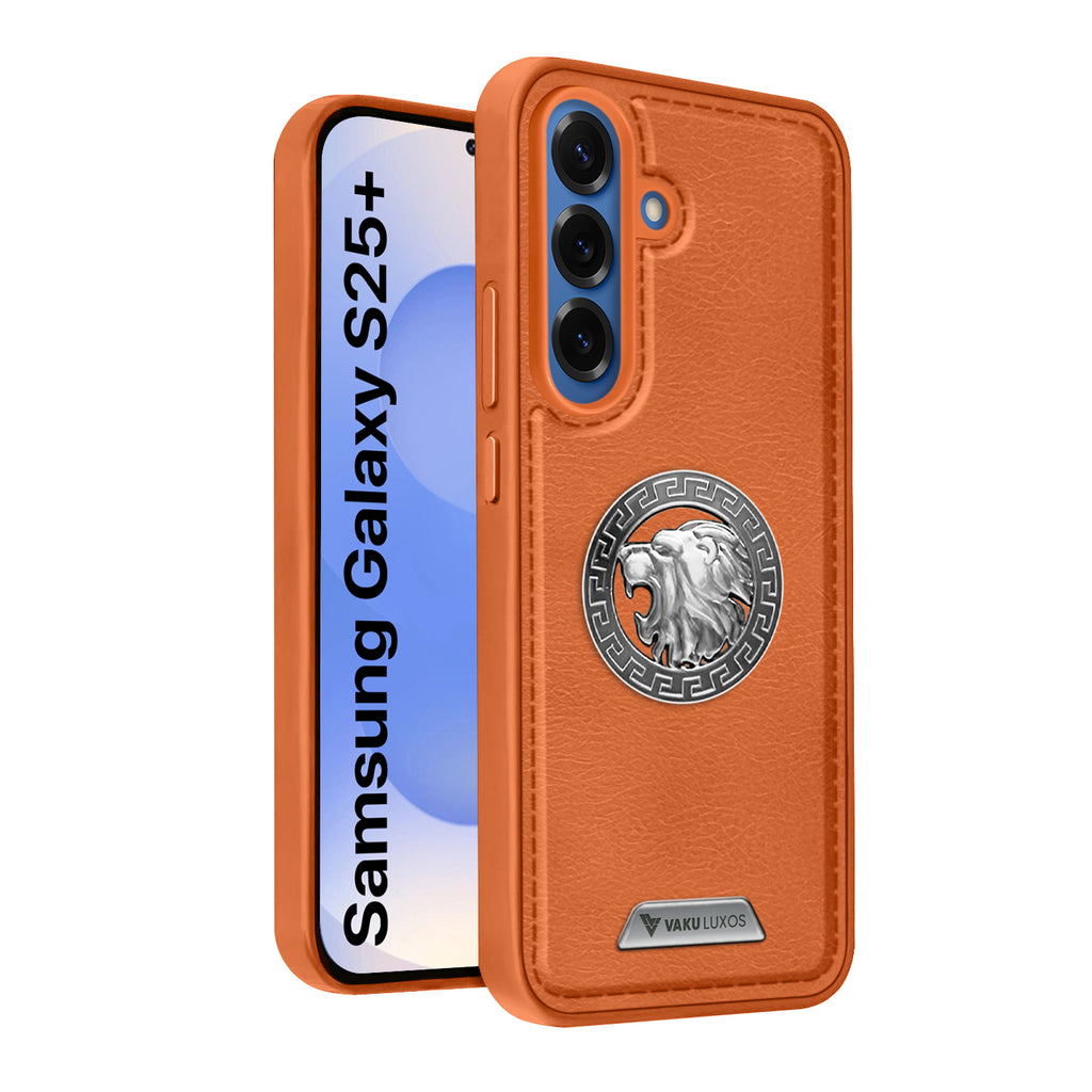Vaku ® Samsung Galaxy S25 Plus Regal Shield Metal Lion Engraved Leather Protective Back Cover