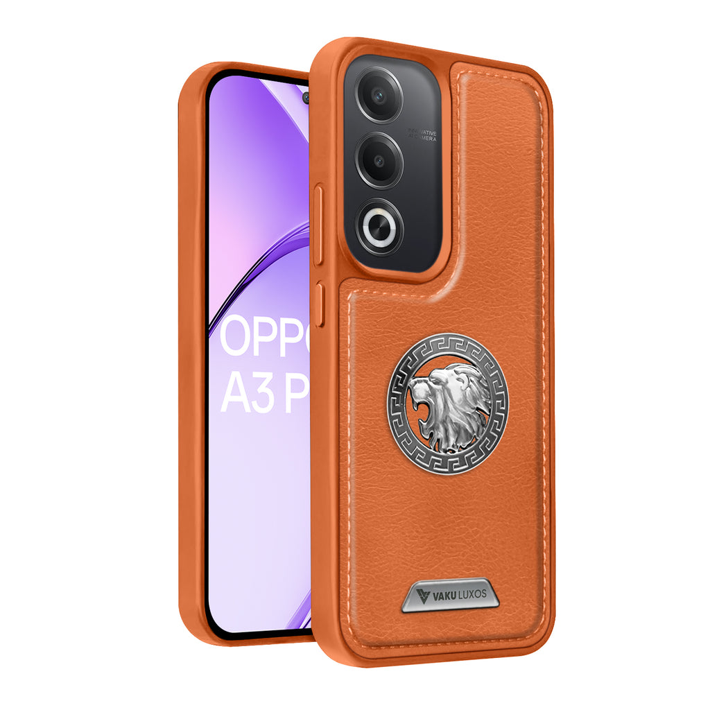 Vaku ® Oppo A3 Pro 5G Regal Shield Metal Lion Engraved Leather Back Cover
