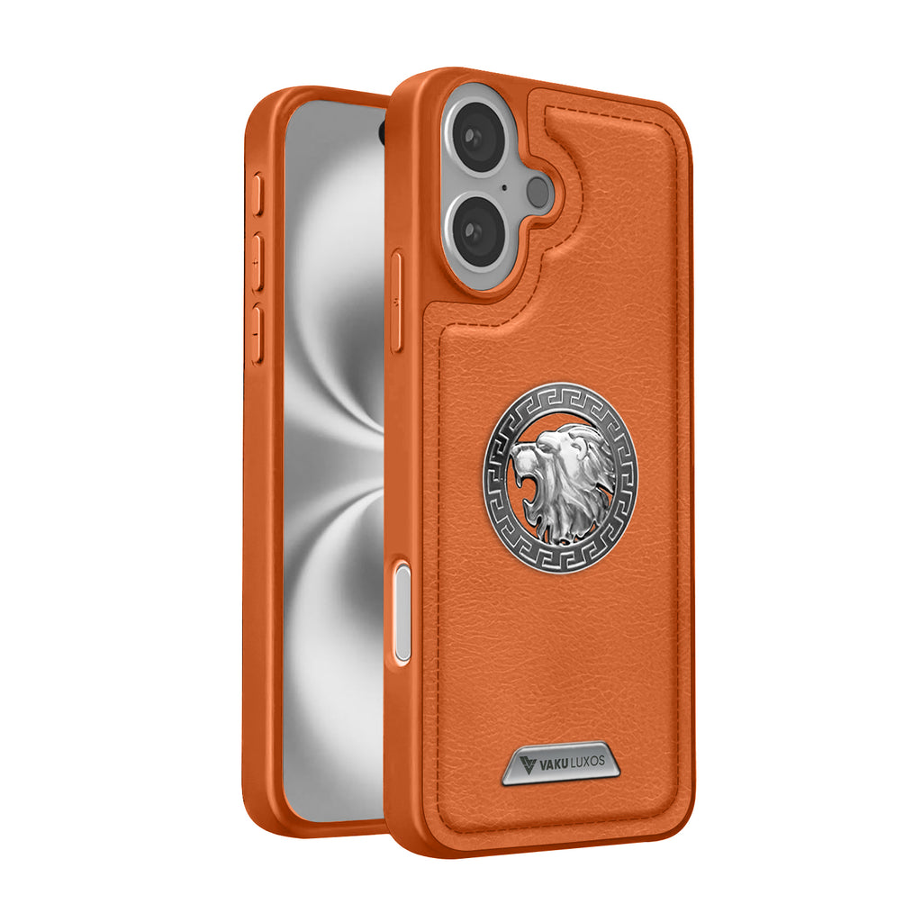 Vaku ® Apple iPhone 16 Plus Regal Shield Metal Lion Engraved Leather Protective Back Cover