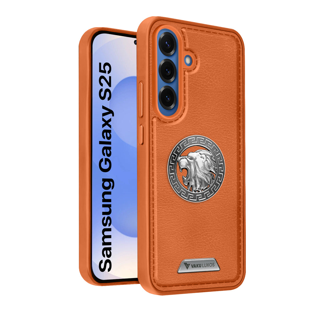 Vaku ® Samsung Galaxy S25 Regal Shield Metal Lion Engraved Leather Protective Back Cover