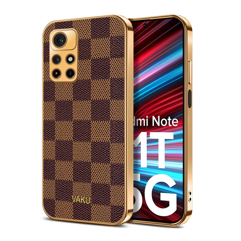 Vaku® Redmi Note 11T 5G Cheron Series Leather Stitched Gold Electroplated Soft TPU Back Cover