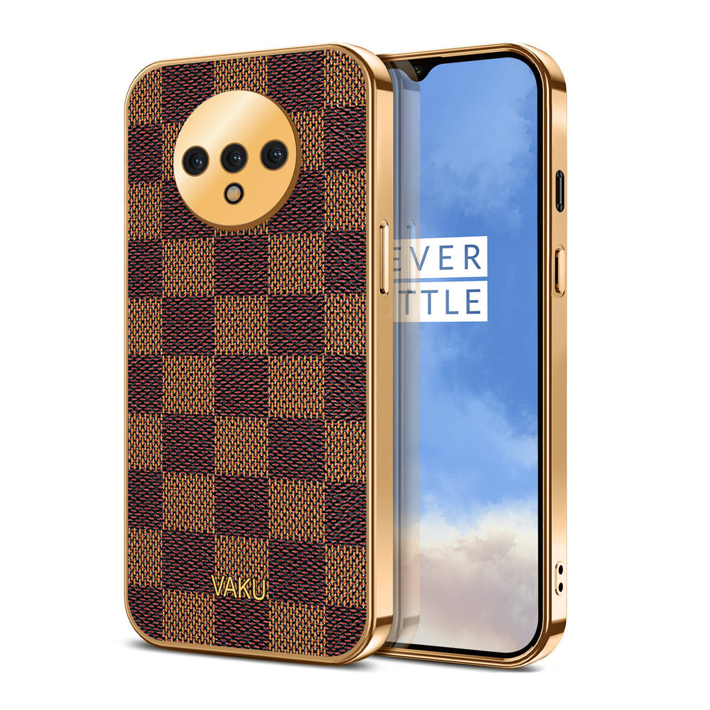 Vaku® Oneplus 7T Cheron Series Leather Stitched Gold Electroplated Soft TPU Back Cover