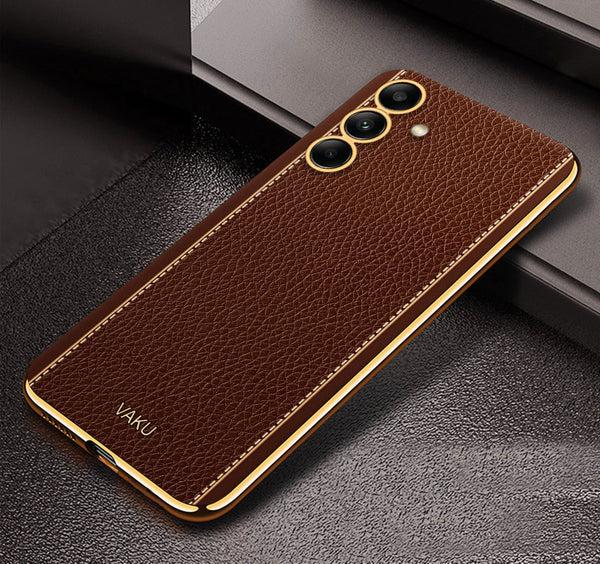 Vaku ® Samsung Galaxy A55 5G Luxemberg Leather Pattern Gold Electroplated Soft TPU Back Cover