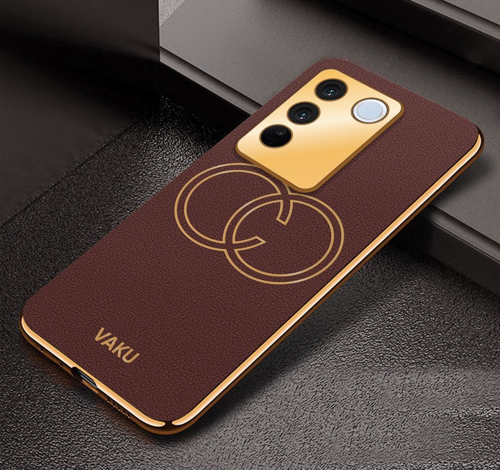 Vaku ® Vivo V27 5G Skylar Leather Pattern Gold Electroplated Soft TPU Back Cover