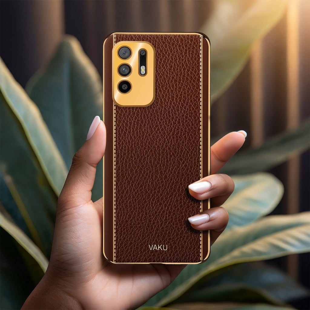 Vaku ® Oppo F19 Pro Plus 5G Luxemberg Series Leather Stitched Gold Electroplated Soft TPU Back Cover