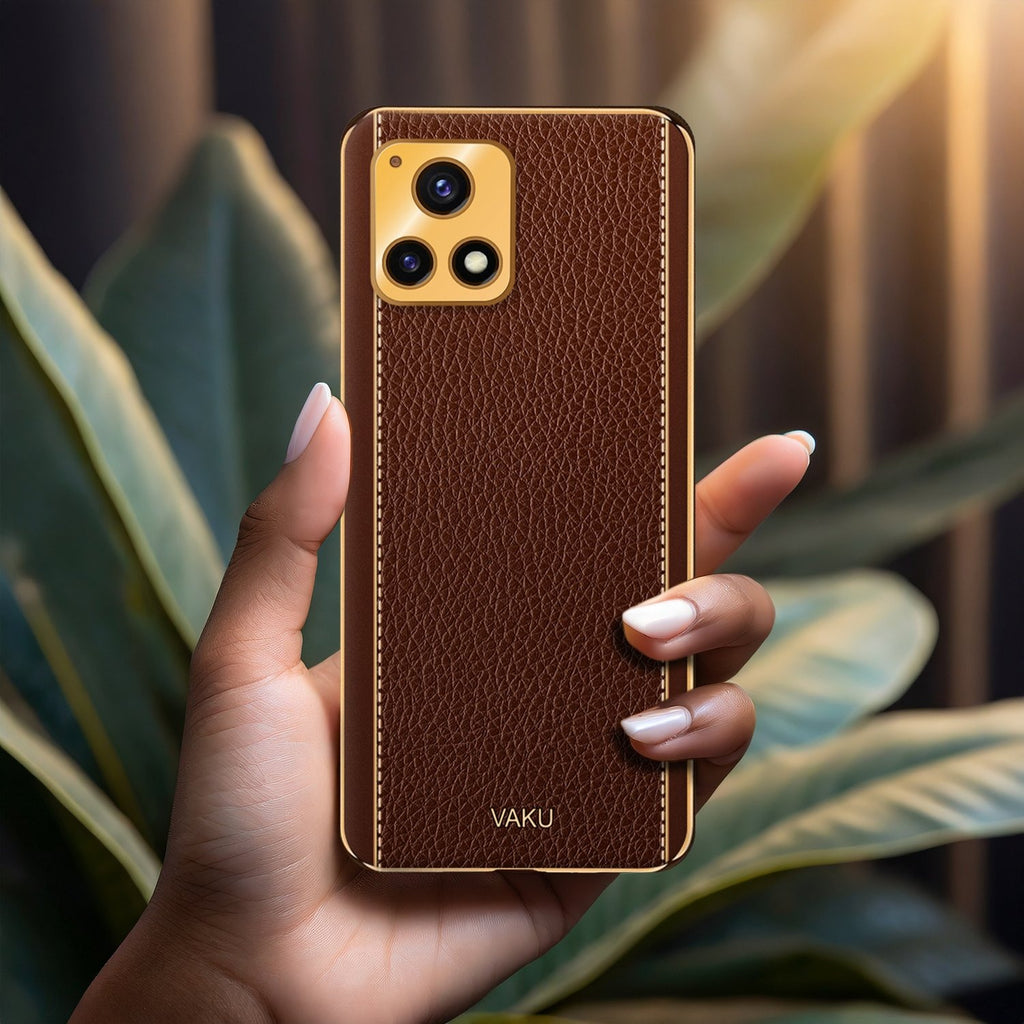 Vaku ® Vivo Y72 5G Luxemberg Series Leather Stitched Gold Electroplated Soft TPU Back Cover