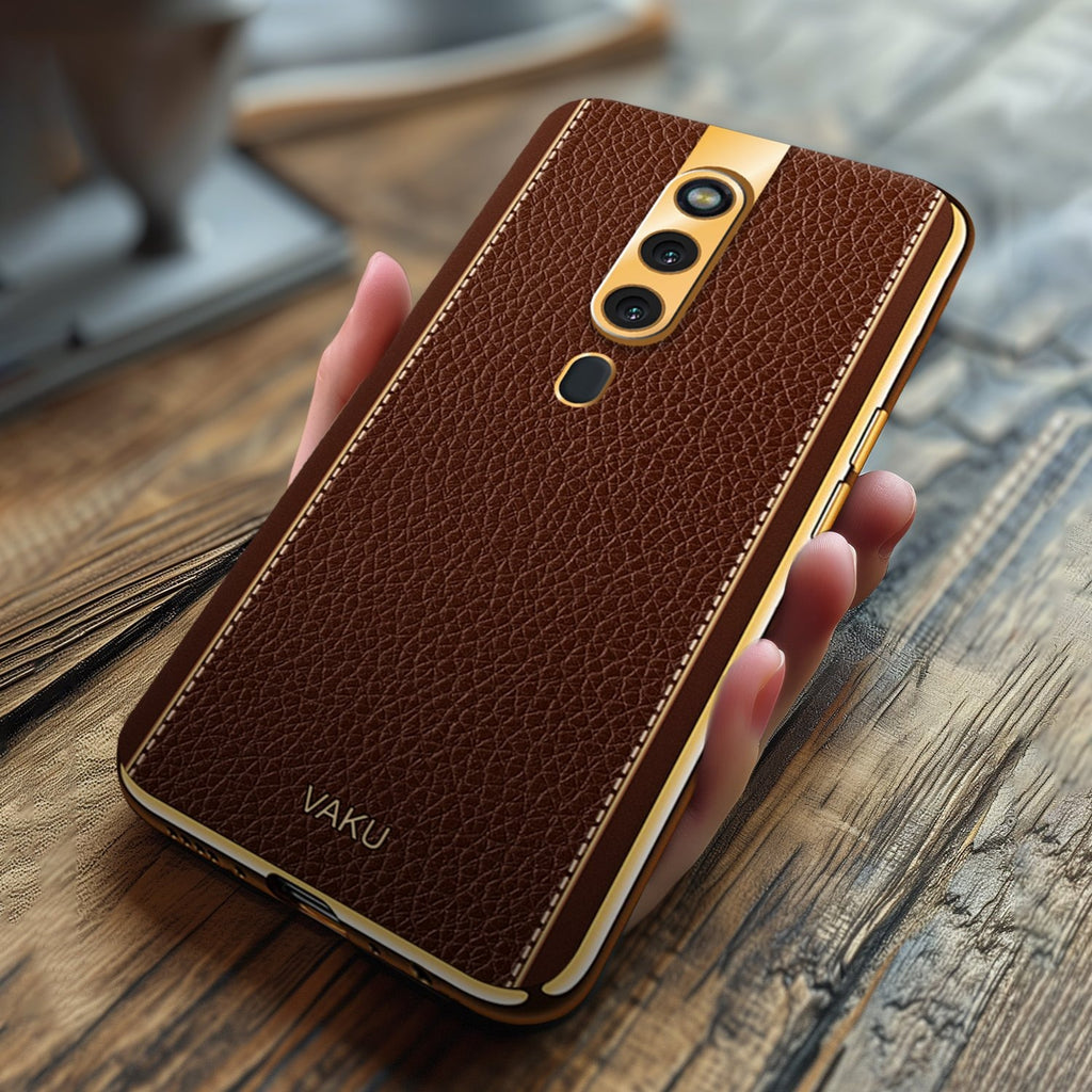 Vaku ® Oppo F11 Pro Luxemberg Series Leather Stitched Gold Electroplated Soft TPU Back Cover