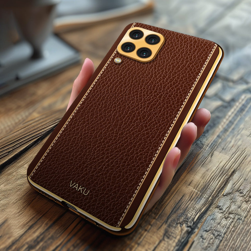 Vaku ® Samsung Galaxy M53 5G Luxemberg Series Leather Stitched Gold Electroplated Soft TPU Back Cover