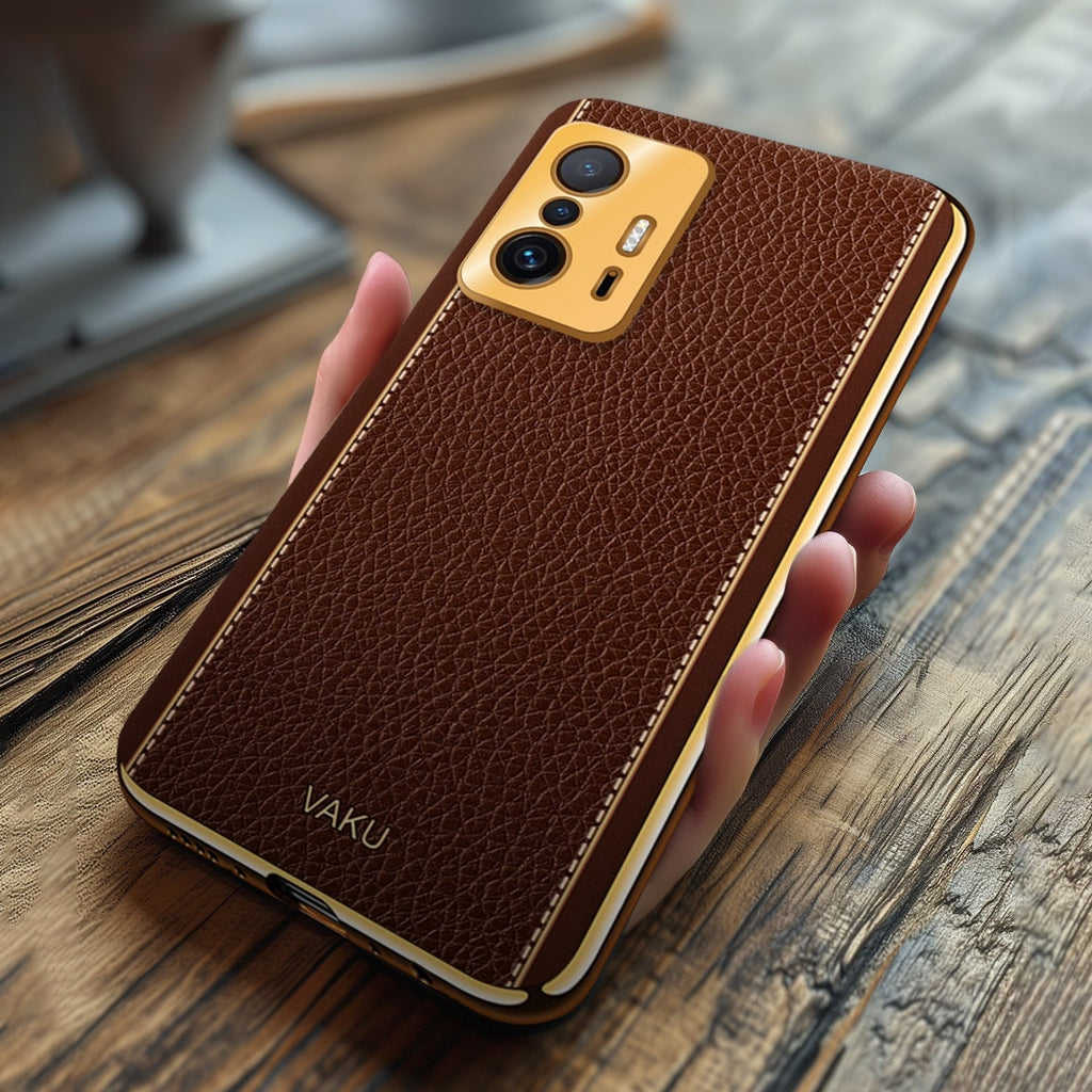 Vaku ® Xiaomi 11T Pro 5G Luxemberg Series Leather Stitched Gold Electroplated Soft TPU Back Cover