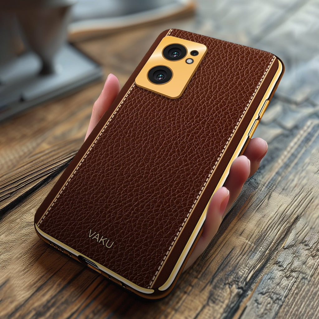 Vaku ® Oppo Reno7 5G Luxemberg Series Leather Stitched Gold Electroplated Soft TPU Back Cover