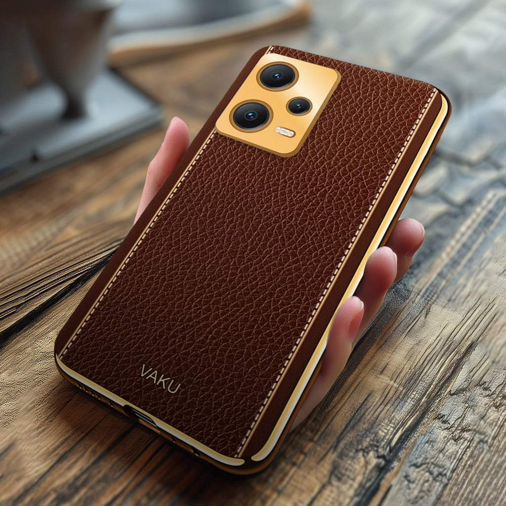 Vaku ® Xiaomi Redmi Note 12 5G Luxemberg Series Leather Stitched Gold Electroplated Soft TPU Back Cover