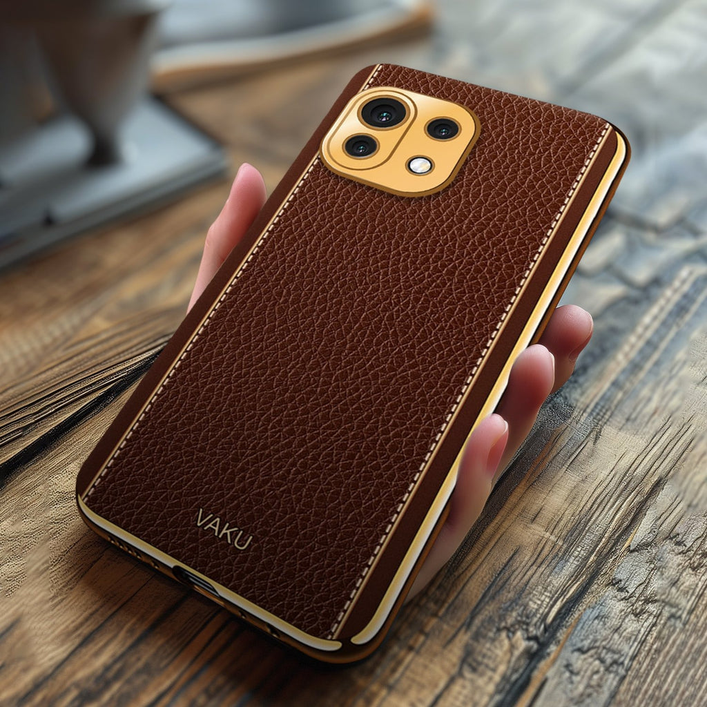 Vaku ® Xiaomi Mi 11 Lite Luxemberg Series Leather Stitched Gold Electroplated Soft TPU Back Cover