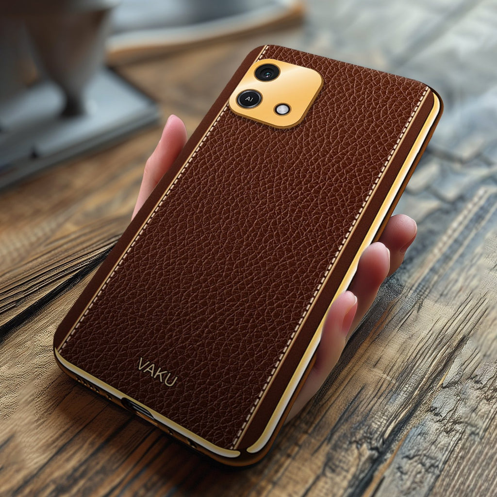 Vaku ® Oppo A16e Luxemberg Series Leather Stitched Gold Electroplated Soft TPU Back Cover