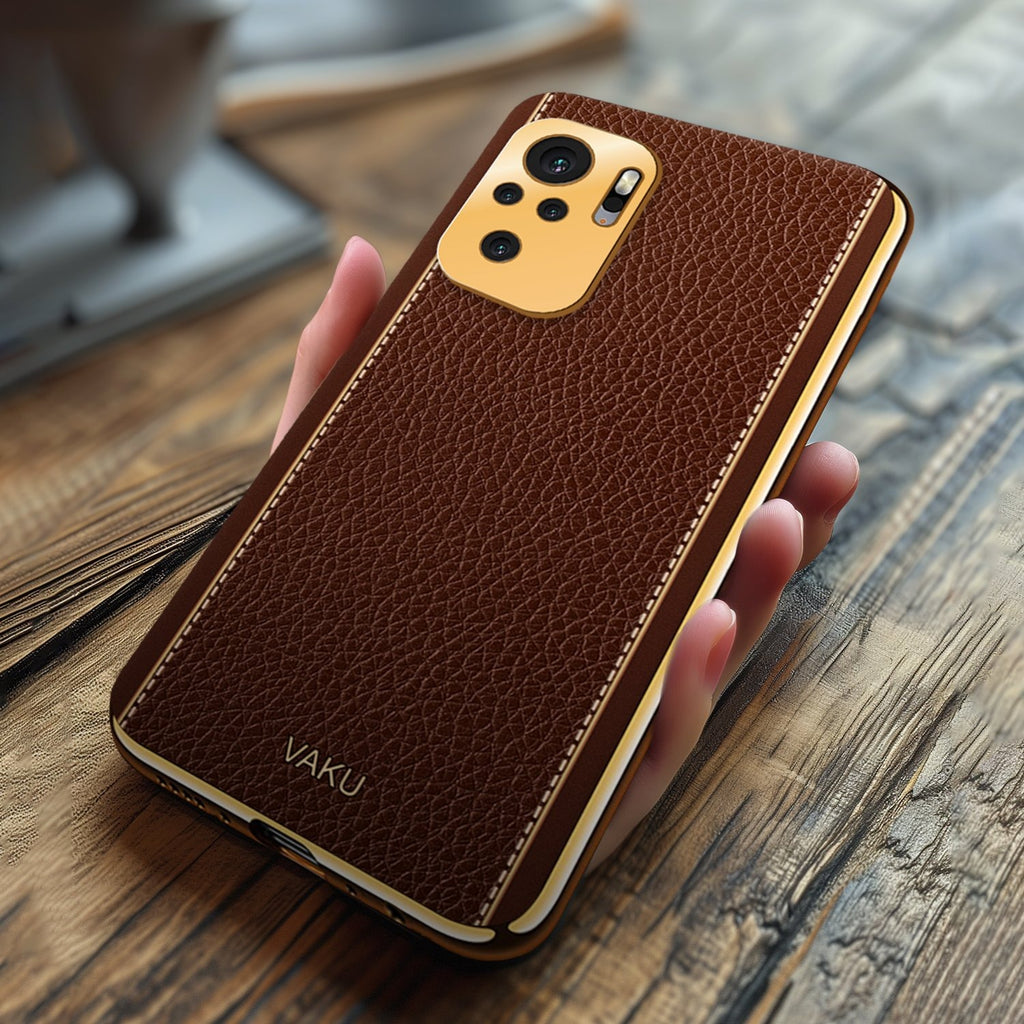 Vaku ® Redmi Note 10S Luxemberg Series Leather Stitched Gold Electroplated Soft TPU Back Cover