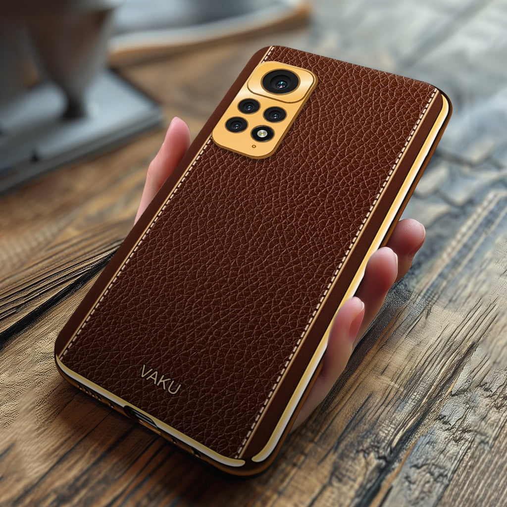 Vaku ® Redmi Note 11S Luxemberg Series Leather Stitched Gold Electroplated Soft TPU Back Cover