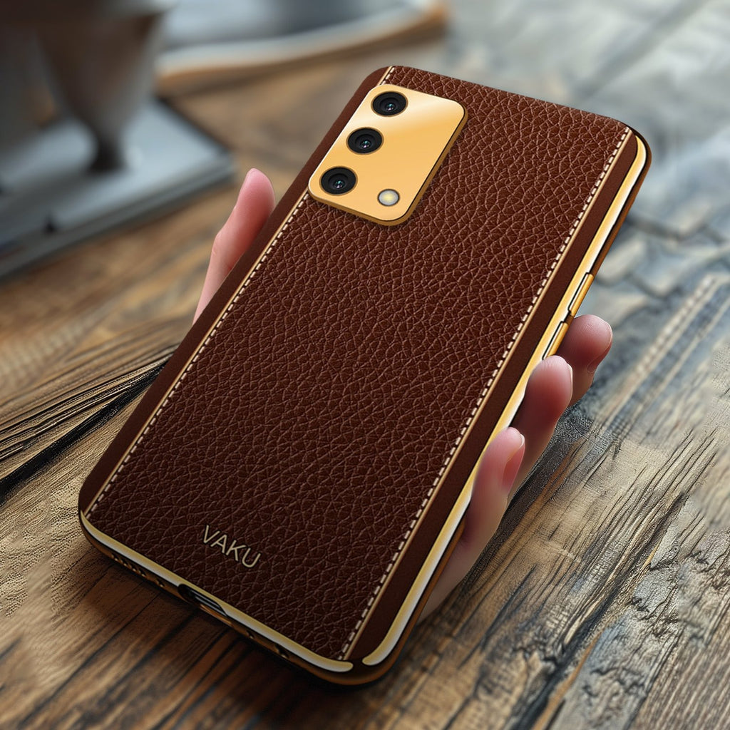 Vaku ® Oppo A74 4G Luxemberg Leather Stitched Gold Electroplated Soft TPU Back Cover