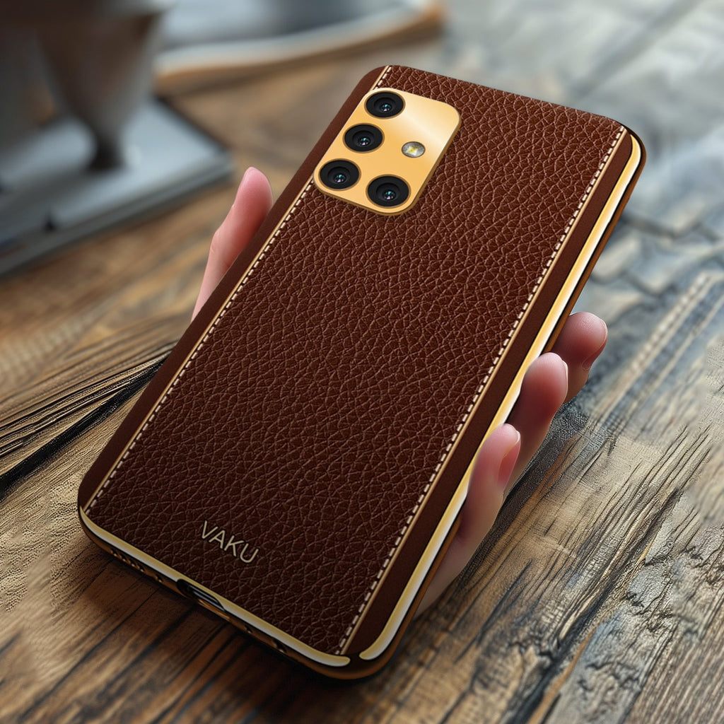 Vaku ® Samsung Galaxy A51 Luxemberg Series Leather Stitched Gold Electroplated Soft TPU Back Cover