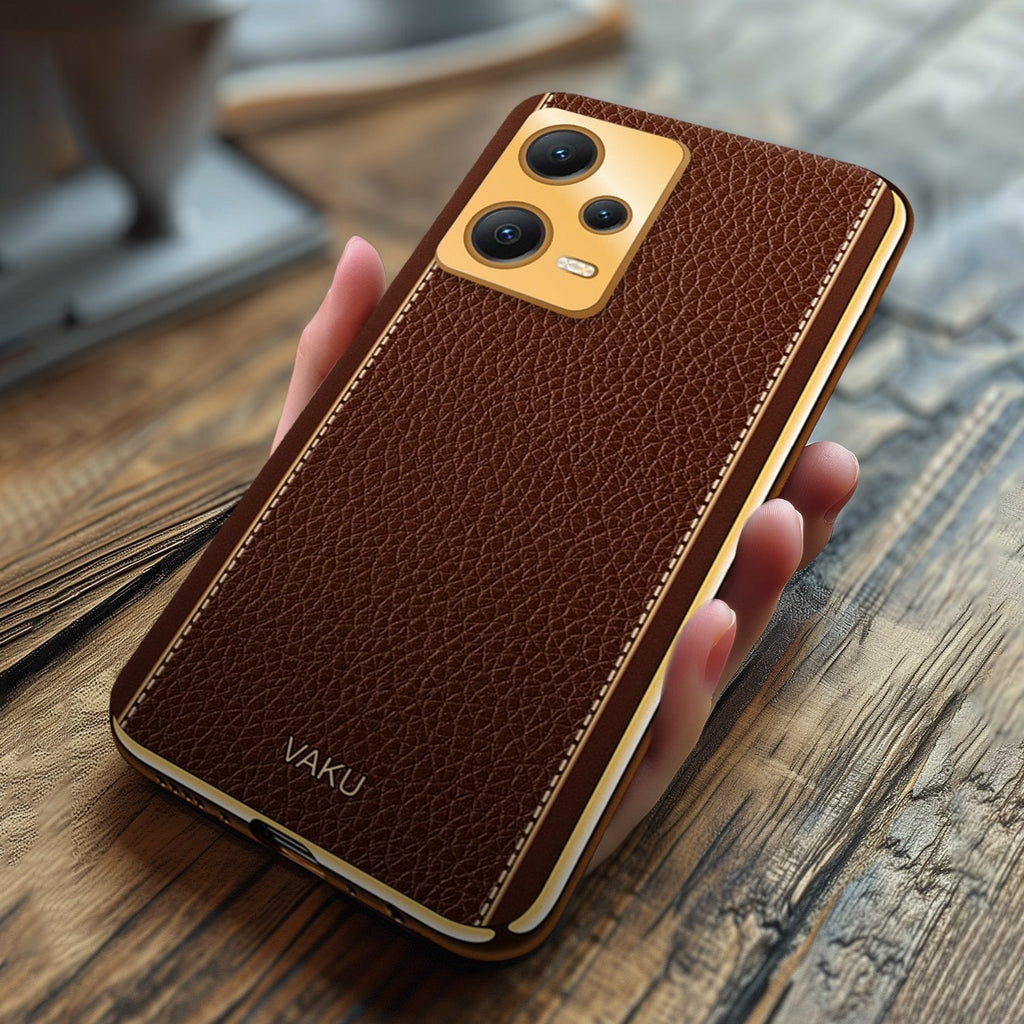 Vaku ® Redmi Note 12 Pro Luxemberg Series Leather Stitched Gold Electroplated Soft TPU Back Cover