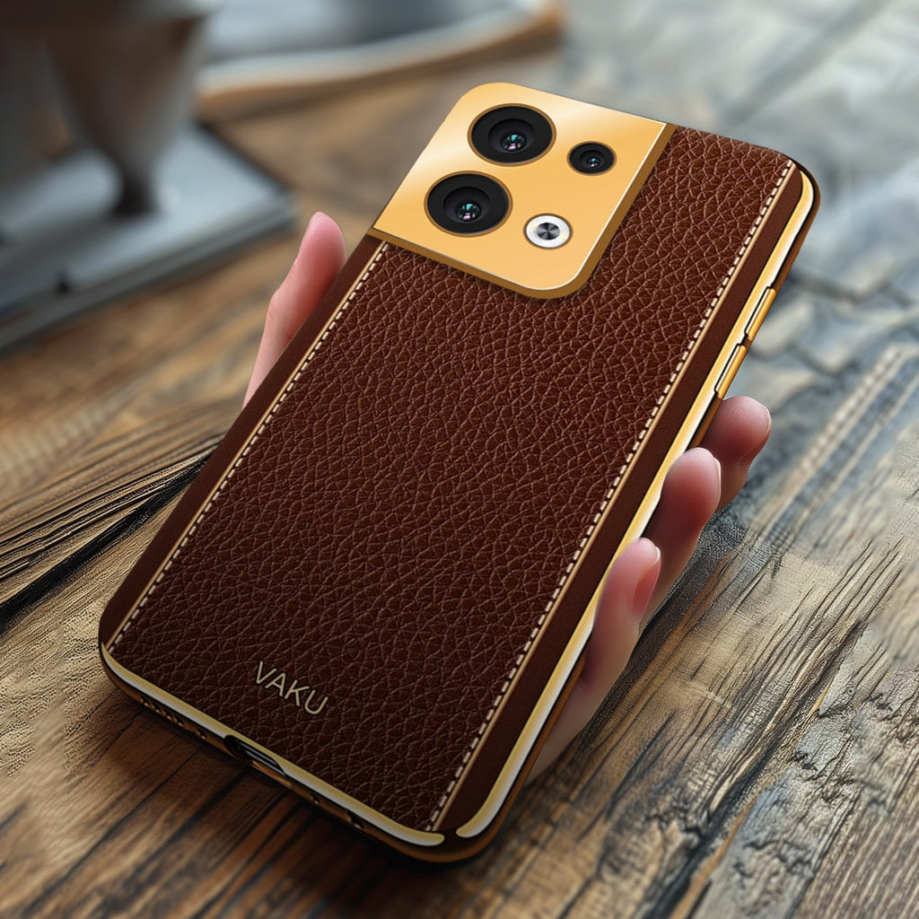 Vaku ® Oppo Reno8 5G Luxemberg Series Leather Stitched Gold Electroplated Soft TPU Back Cover