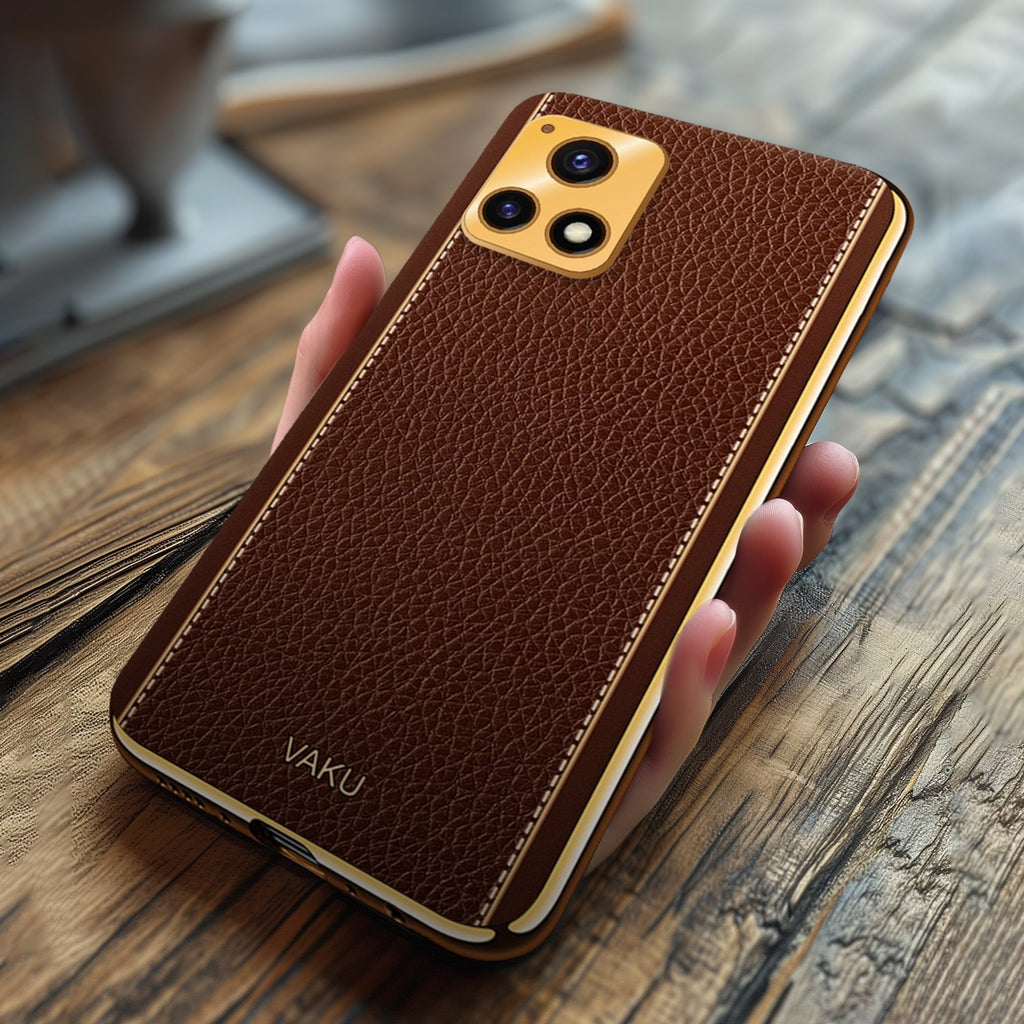 Vaku ® Vivo Y72 5G Luxemberg Series Leather Stitched Gold Electroplated Soft TPU Back Cover