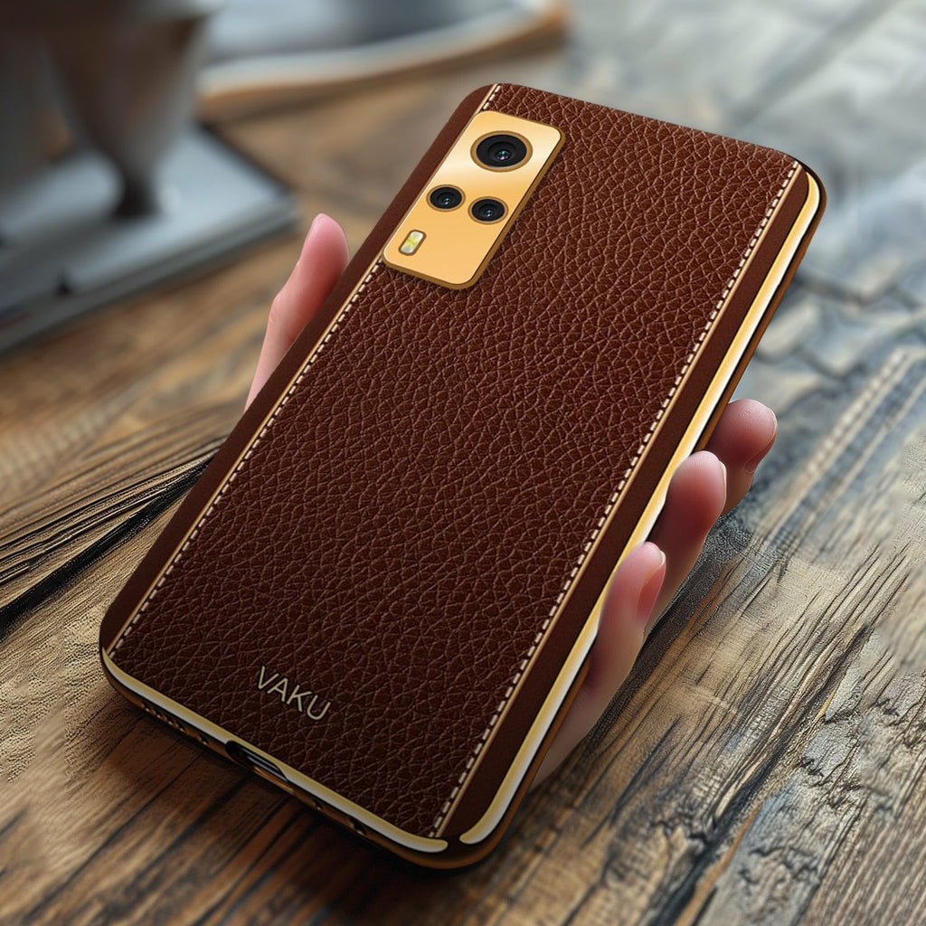 Vaku ® Vivo Y53S Luxemberg Series Leather Stitched Gold Electroplated Soft TPU Back Cover