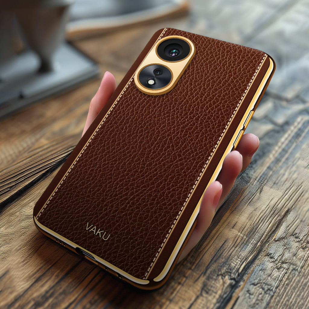 Vaku ® Oppo A78 Luxemberg Series Leather Stitched Gold Electroplated Soft TPU Back Cover