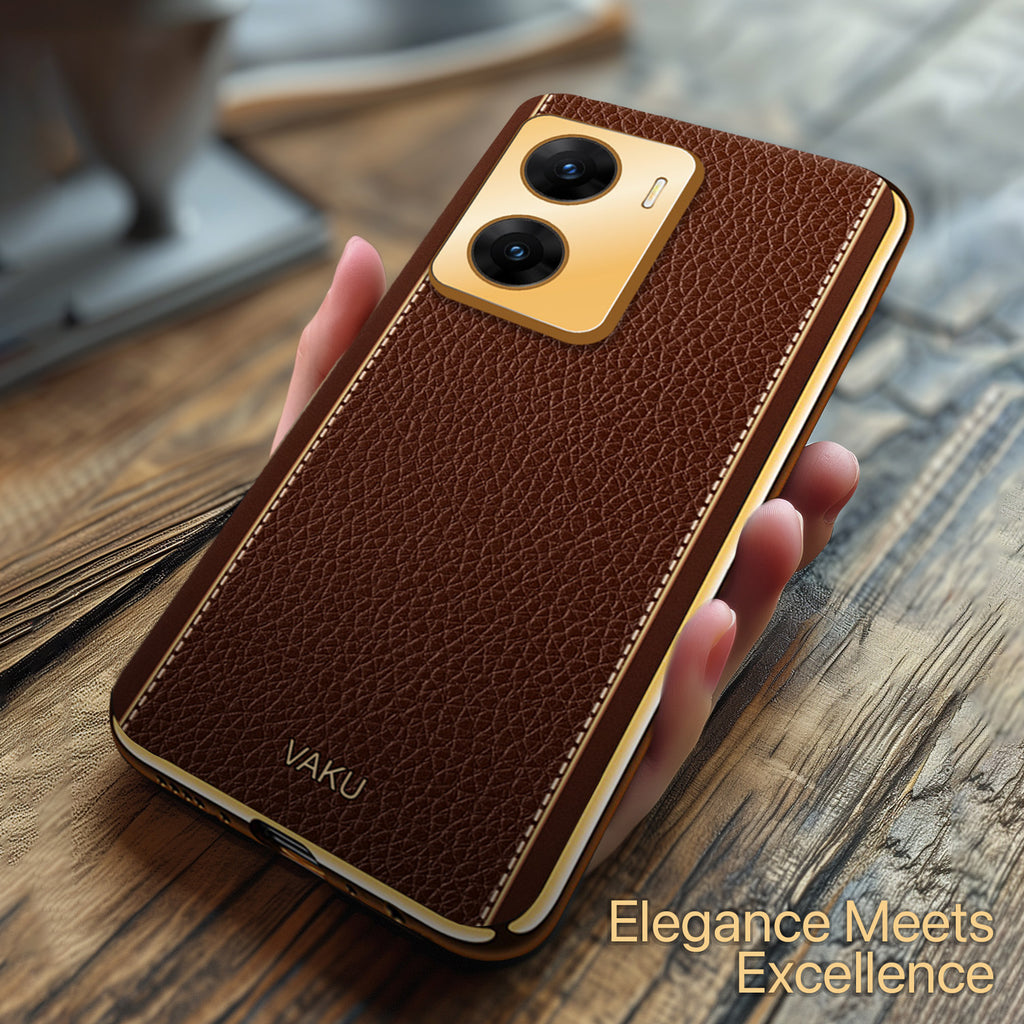 Vaku ® Vivo V29e 5G Luxemberg Leather Pattern Gold Electroplated Soft TPU Back Cover