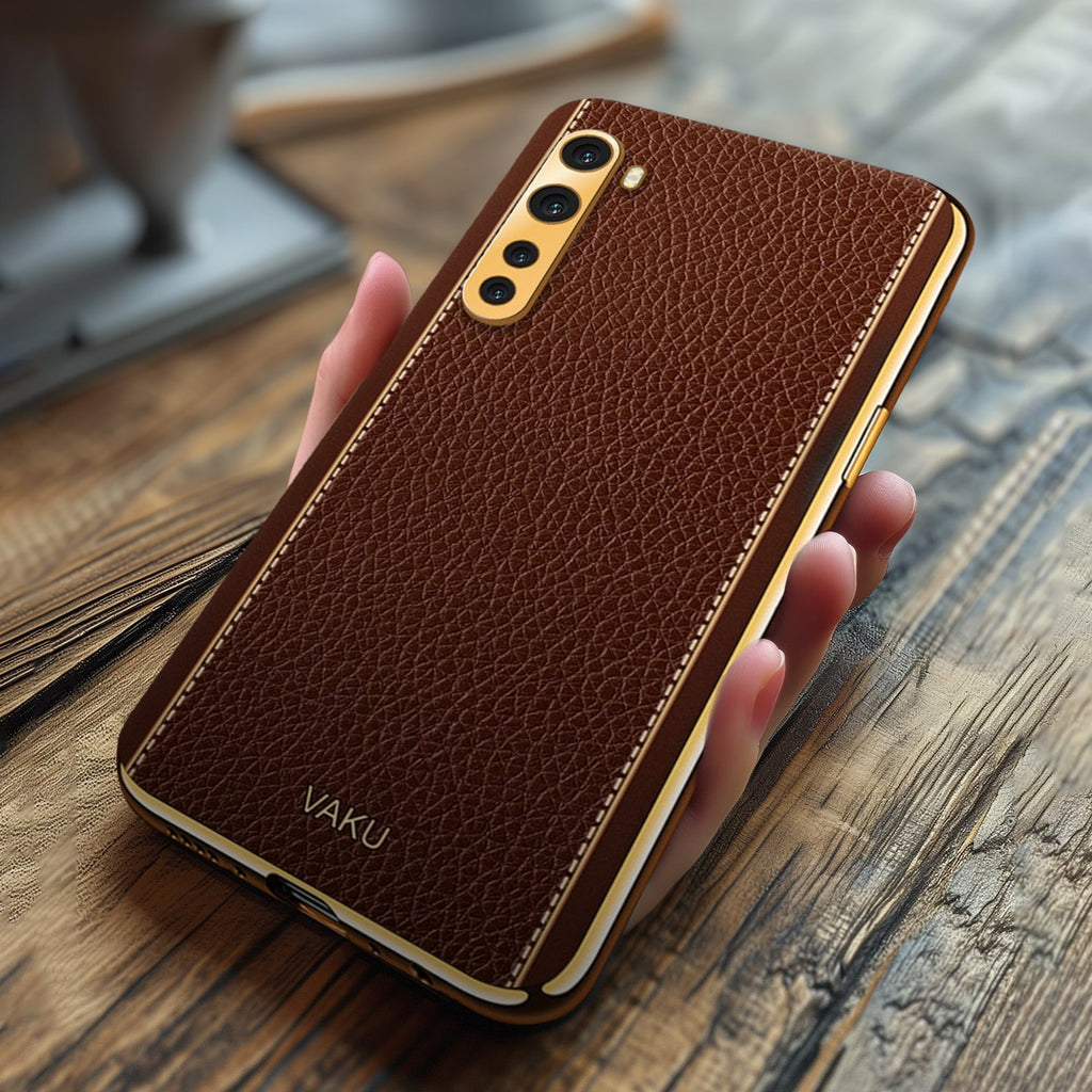 Vaku ® Oneplus Nord Luxemberg Series Leather Stitched Gold Electroplated Soft TPU Back Cover