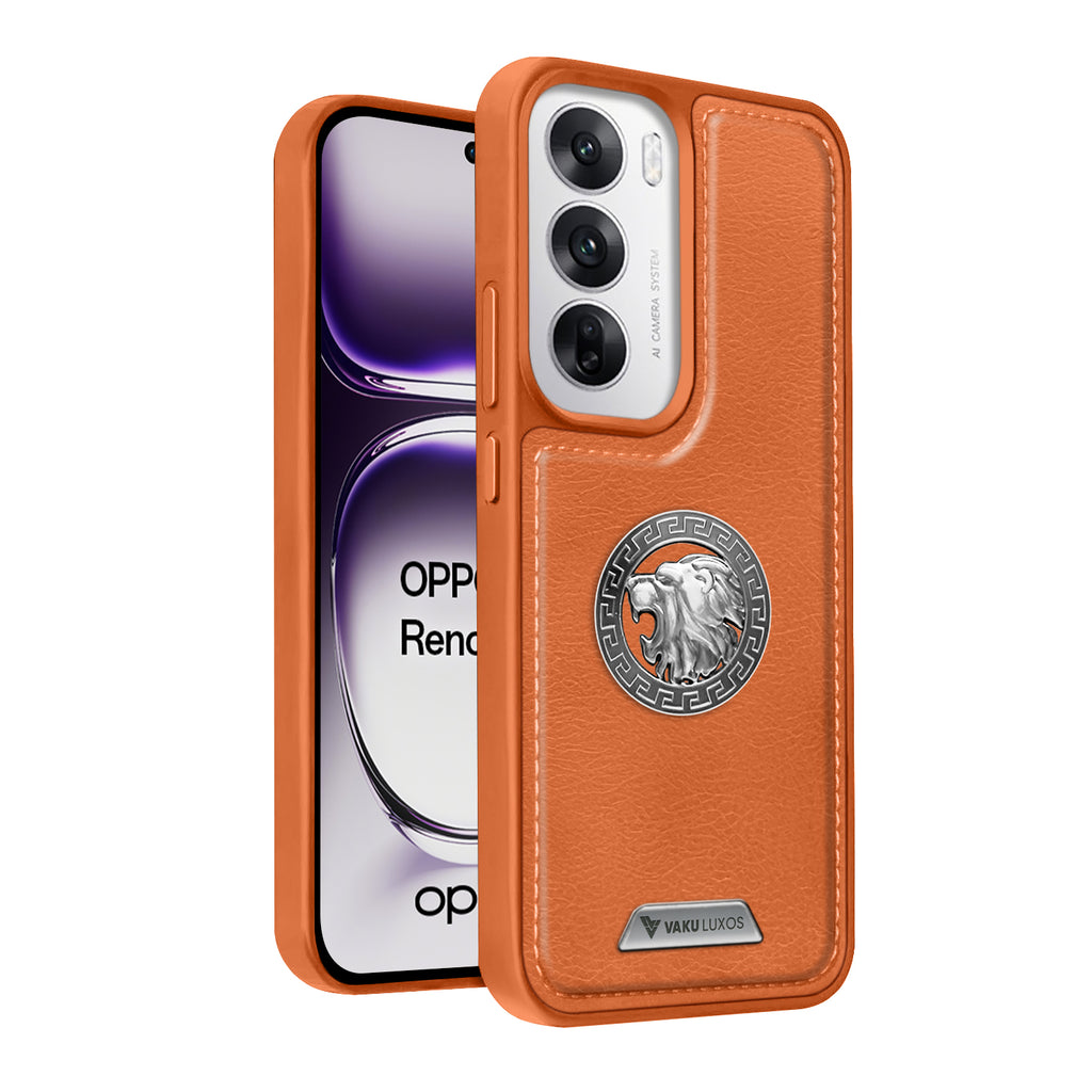 Vaku ® Oppo Reno12 Pro Regal Shield Metal Lion Engraved Leather Protective Back Cover