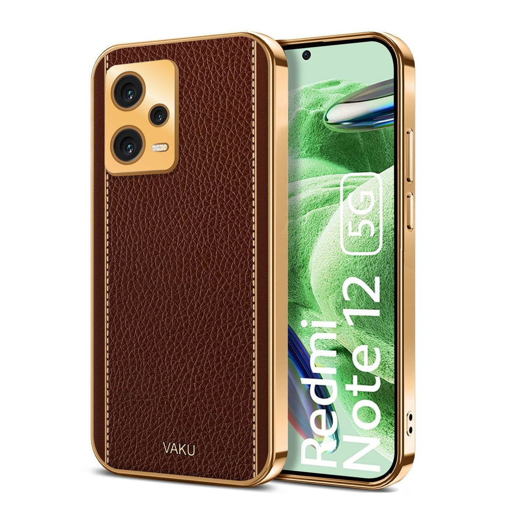 Vaku ® Xiaomi Redmi Note 12 5G Luxemberg Series Leather Stitched Gold Electroplated Soft TPU Back Cover