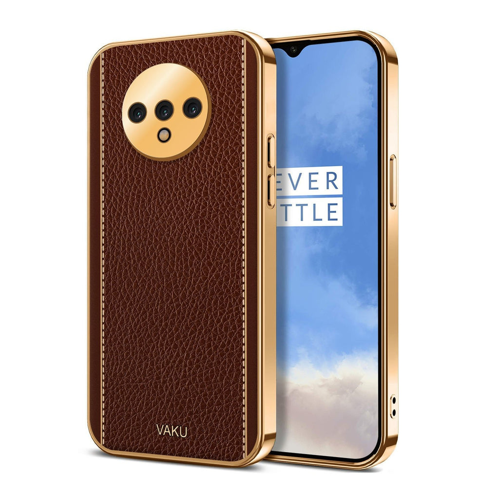 Vaku ® Oneplus 7T Luxemberg Leather Stitched Gold Electroplated Soft TPU Back Cover