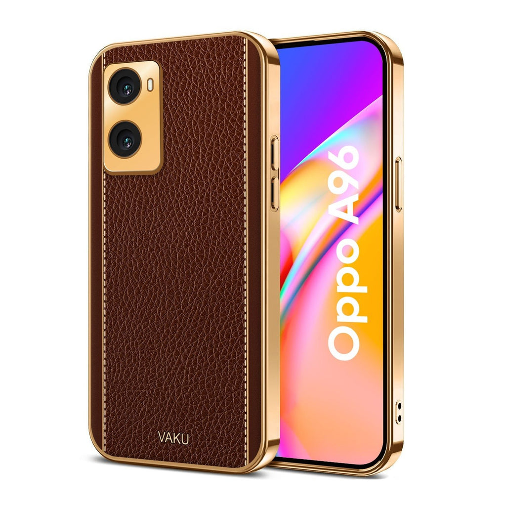 Vaku ® Oppo A96 Luxemberg Series Leather Stitched Gold Electroplated Soft TPU Back Cover