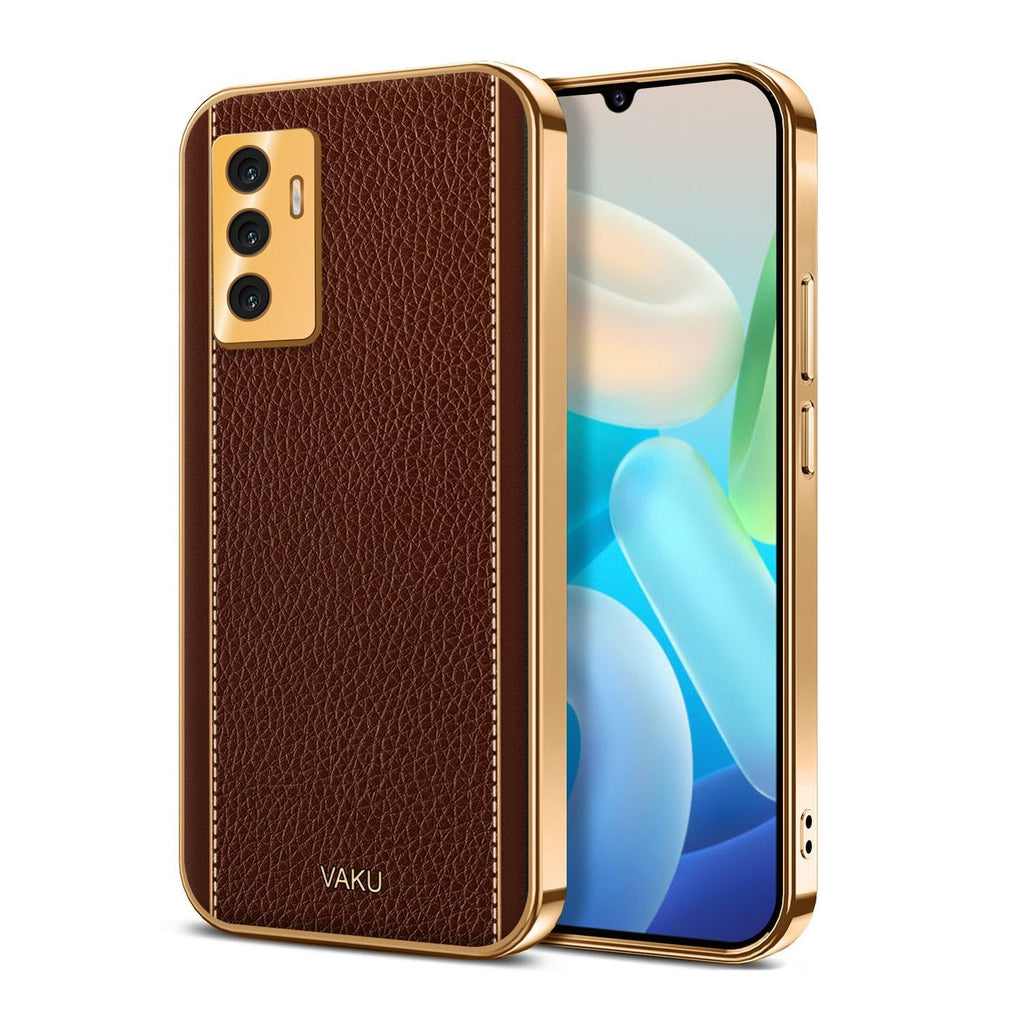 Vaku ® Vivo V23e 5G Luxemberg Series Leather Stitched Gold Electroplated Soft TPU Back Cover