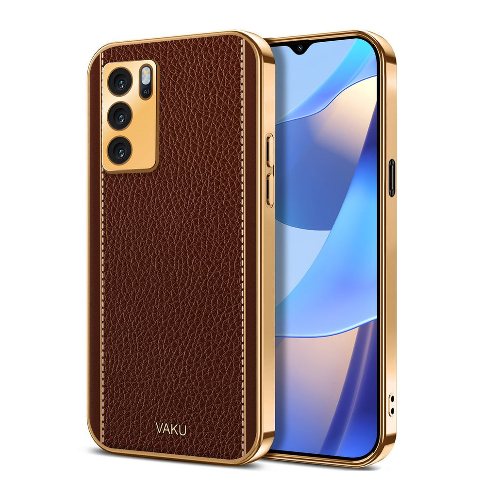 Vaku ® Oppo A16 Luxemberg Series Leather Stitched Gold Electroplated Soft TPU Back Cover