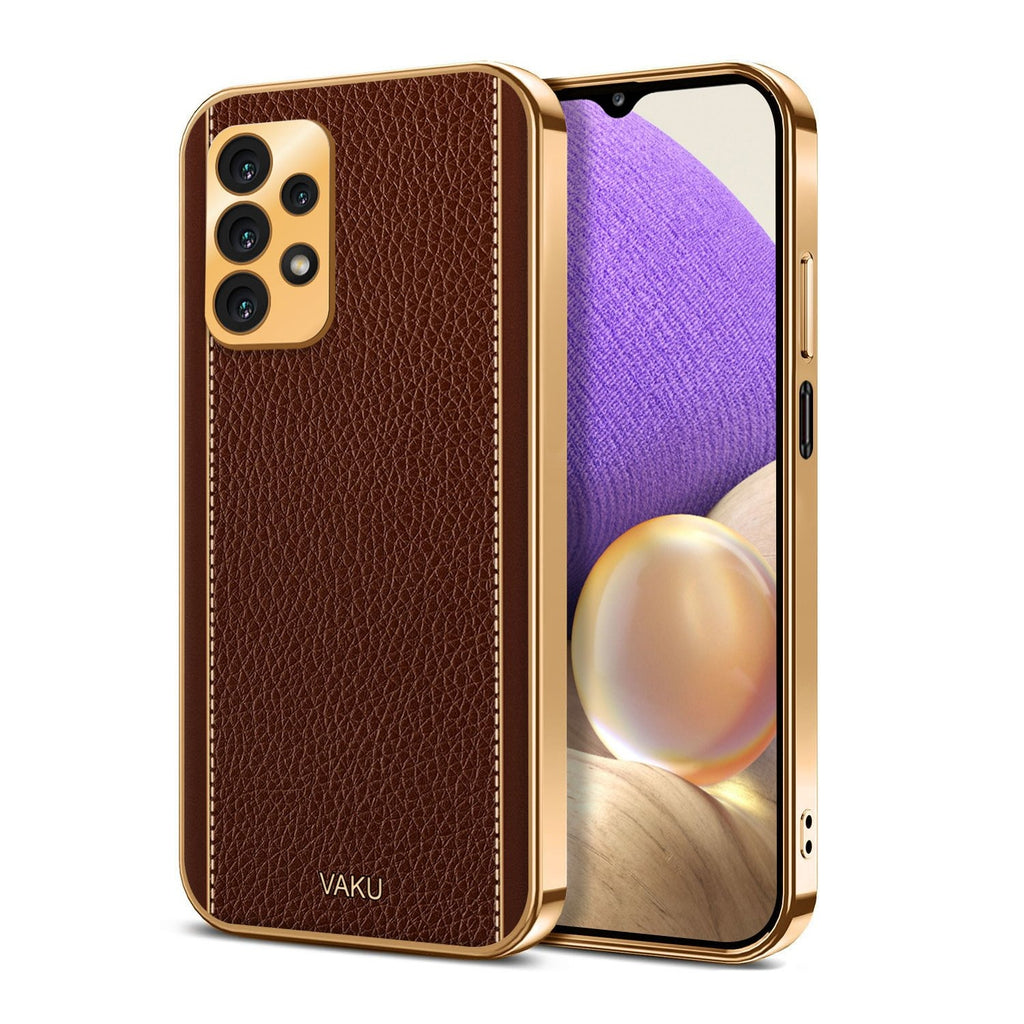 Vaku ® Samsung Galaxy A32 4G Luxemberg Series Leather Stitched Gold Electroplated Soft TPU Back Cover