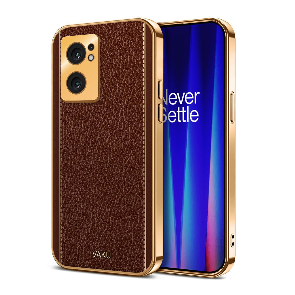 Vaku ® Oneplus Nord CE 2 5G Luxemberg Series Leather Stitched Gold Electroplated Soft TPU Back Cover