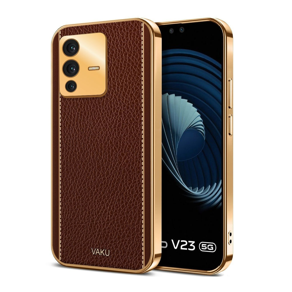 Vaku ® Vivo V23 5G Luxemberg Series Leather Stitched Gold Electroplated Soft TPU Back Cover