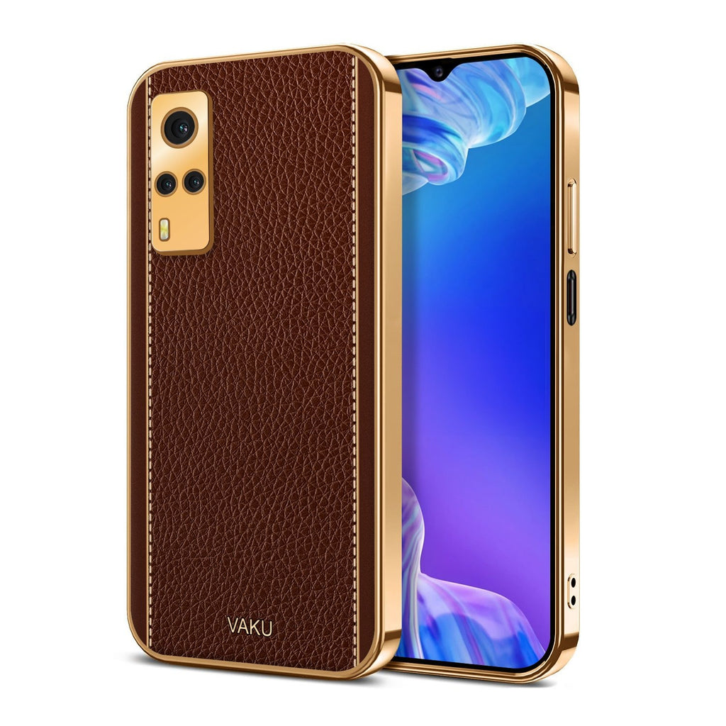 Vaku ® Vivo Y53S Luxemberg Series Leather Stitched Gold Electroplated Soft TPU Back Cover