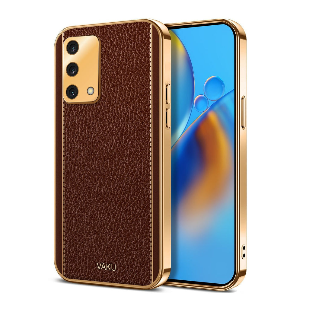 Vaku ® Oppo A74 4G Luxemberg Leather Stitched Gold Electroplated Soft TPU Back Cover